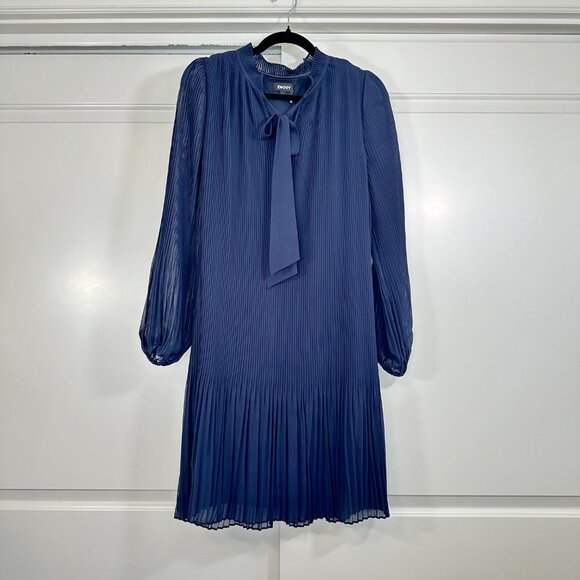 Navy Tie Neck Pleated Long Sleeve Dress 10 - Picture 3 of 13